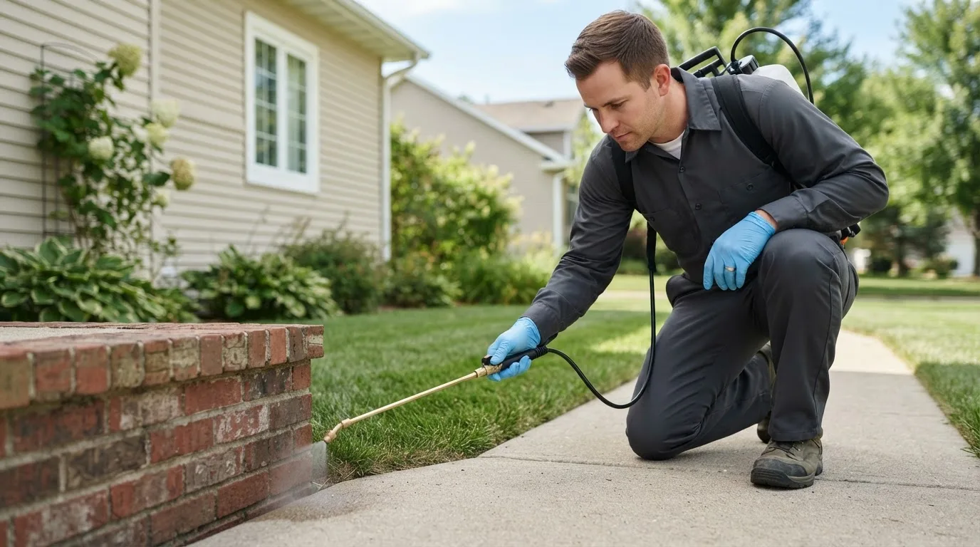 Pest control technician treating a home near Sterling, ND