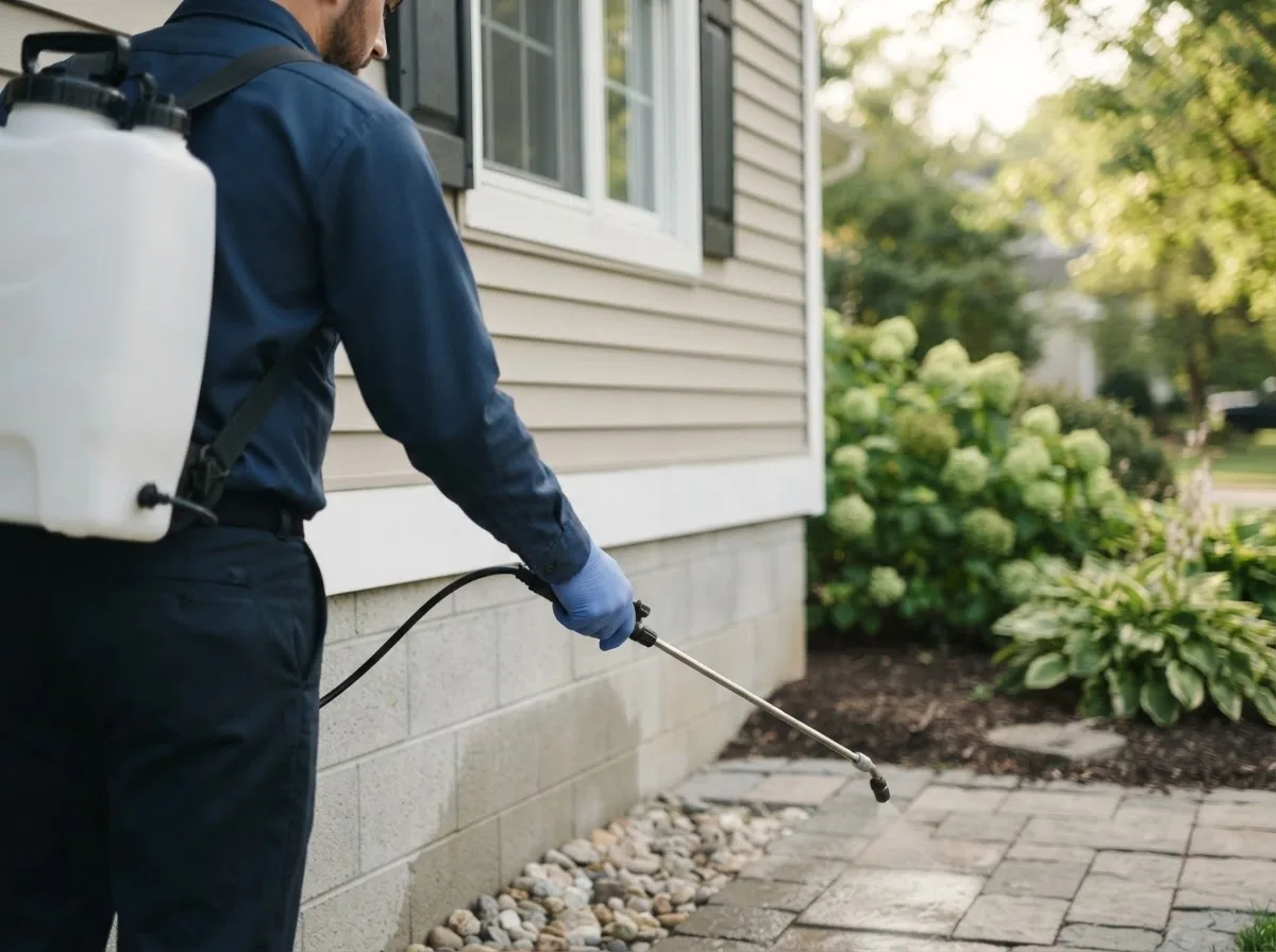 Pest control technician inspecting a home in Sterling, ND